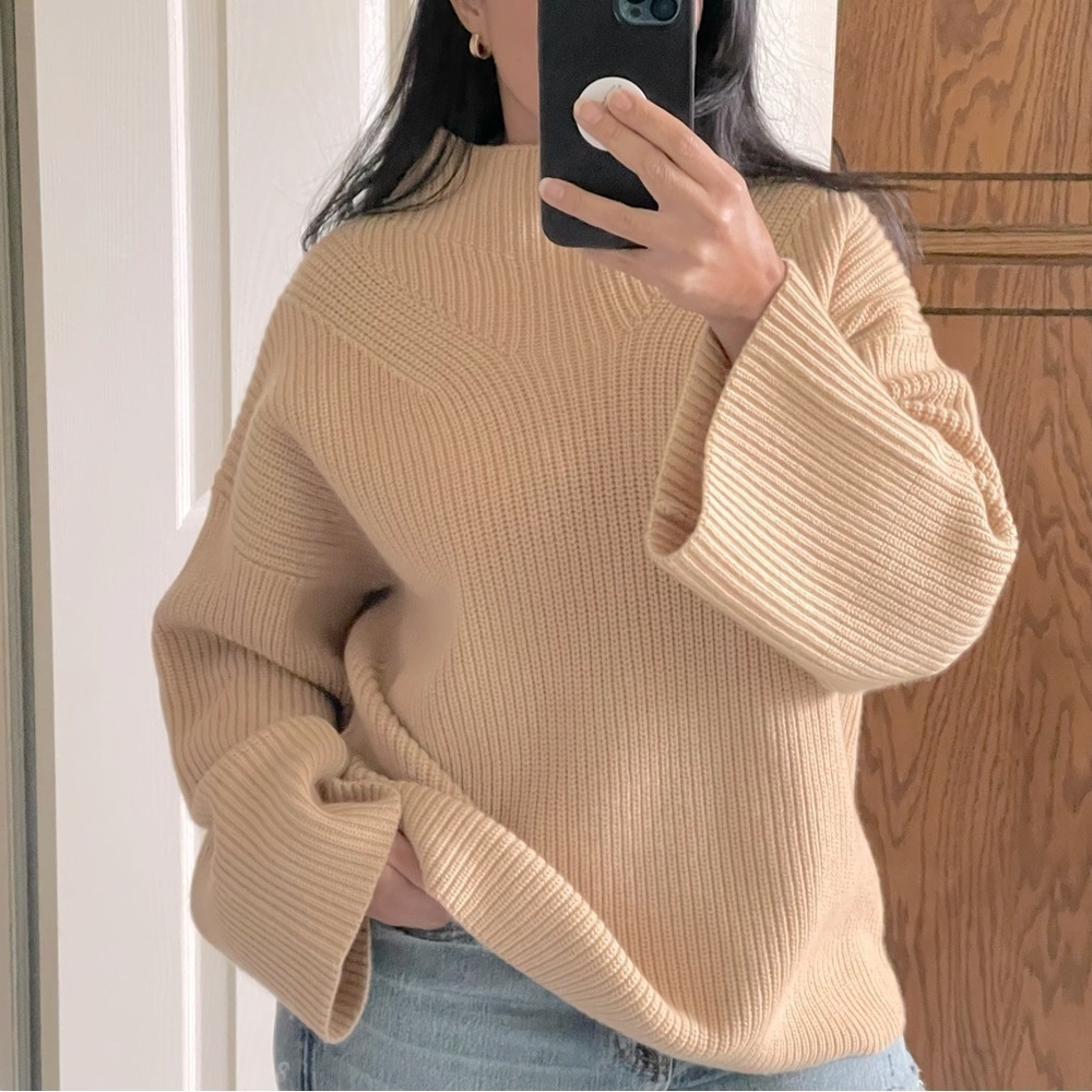 NWT A.L.C Louise Merino Wool Pullover Sweater Mock Neck Elongated Sleeve Camel M